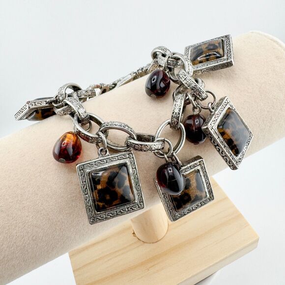 Vintage Leopard Print Square Chain Bracelet Cheetah Charm Bead Chunky Statement - Picture 7 of 11